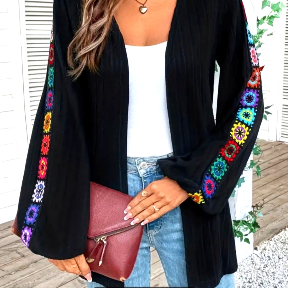 LAST ONE! Ladies Polyester Knit Long Sleeve  Cardigan Sweater. BLK Multi Colors